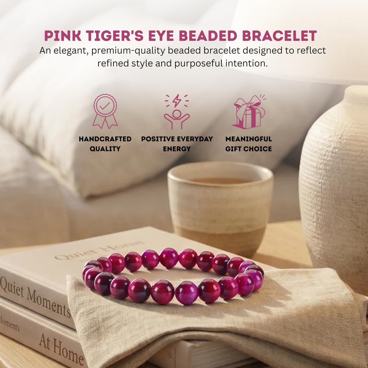 Pink Tiger's Eye Bracelet 8mm Beaded Bracelet (Pink Tiger's Eye / Large)
