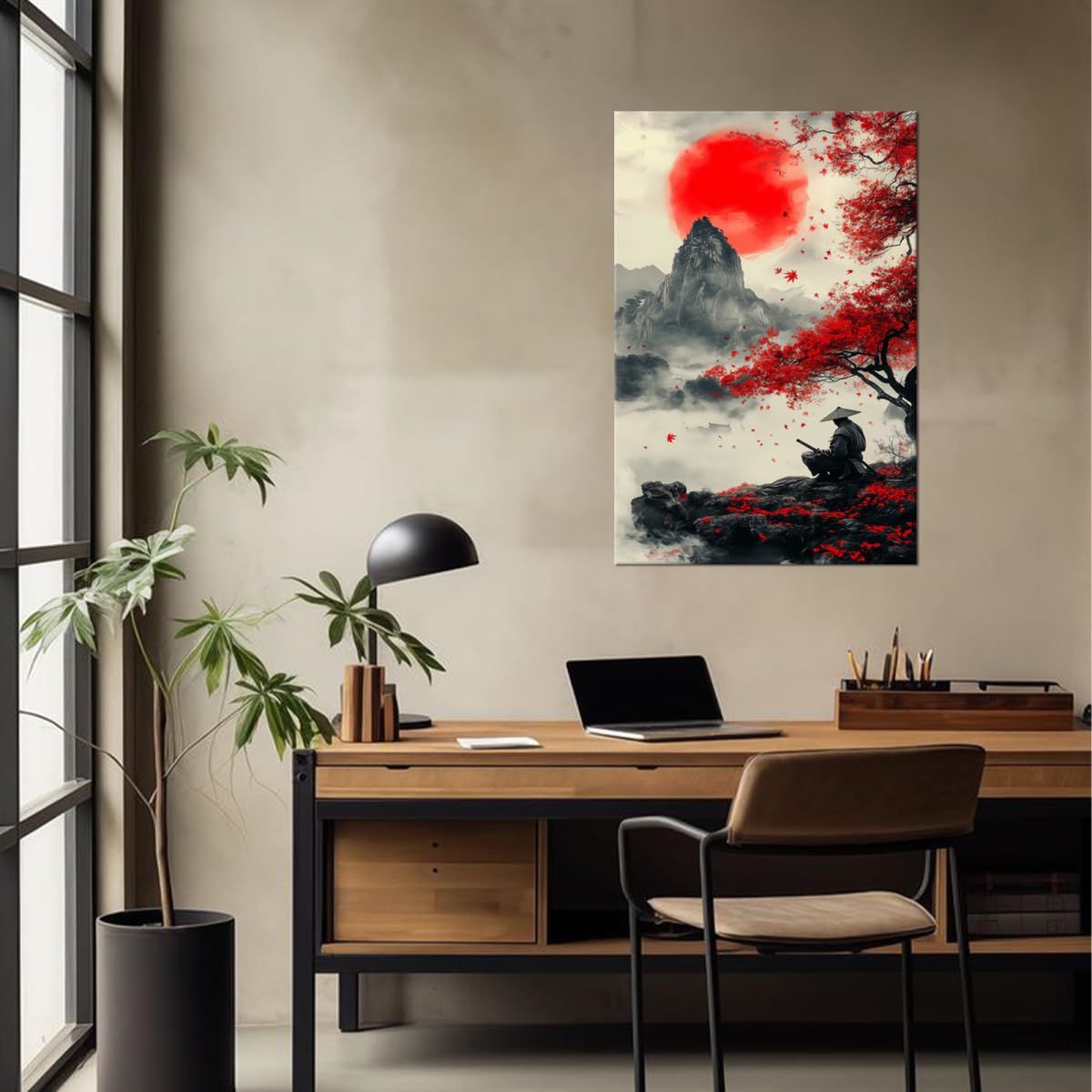 Red Sun Peak Maple Ronin Canvas Framed Wall Art (24"L x 36"W / Samurai22)
