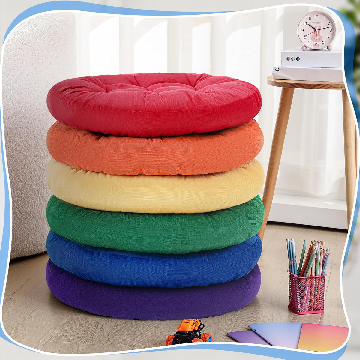 6 Pcs Rainbow Color Large Floor Pillow Cushion (Round 22 x 22 / Rainbow Color)