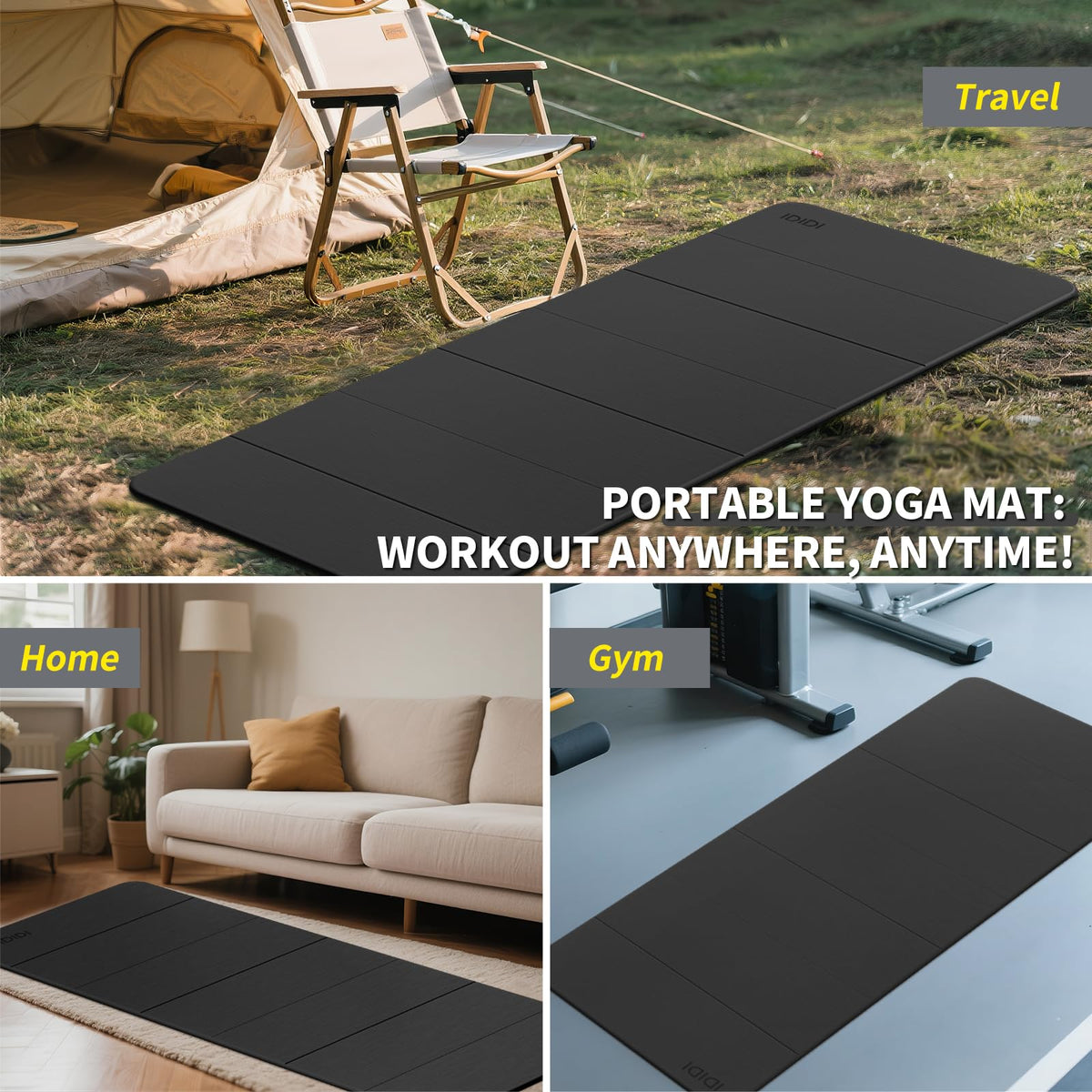 Foldable Yoga Mat Extra Large Wide 74"×31.5" (Black+Gray)