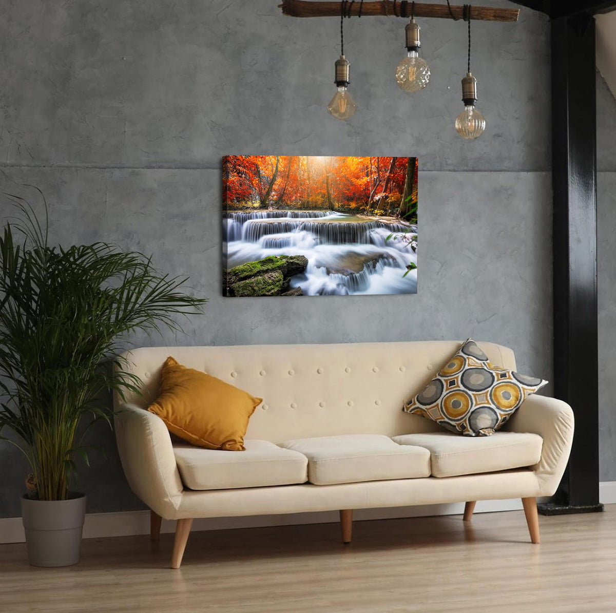 Waterfall Wall Art Nature Forest Mountain Landscape Wall Decor Bathroom Tropical Red Maple Leaves Canvas Prints Living Room Rustic Sunshine Scenery Artwork for Kitchen Office Bedroom Decoration 20x30" (30"L x 20"W / Waterfall Fall)