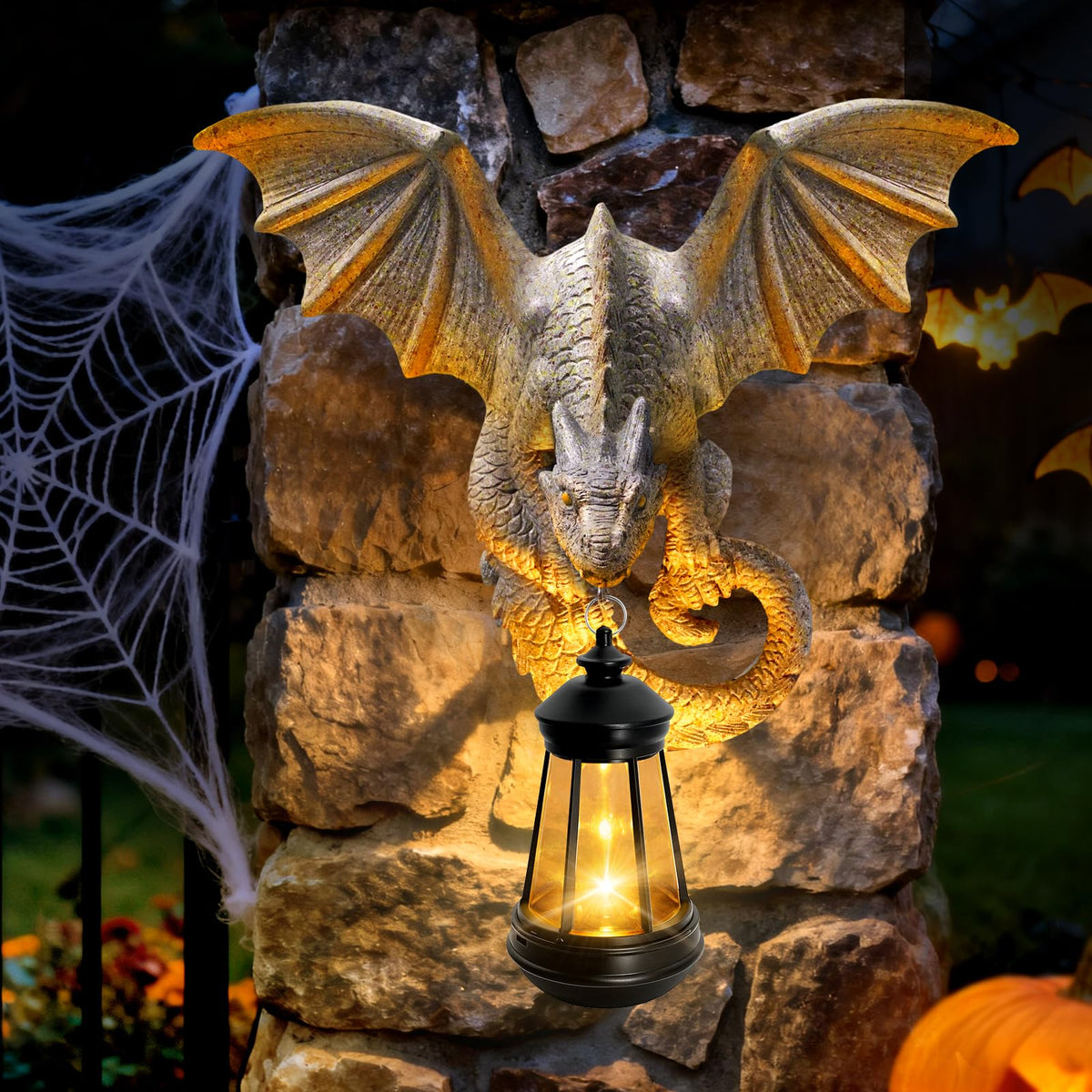 Solar Dragon Tree Hugger Garden Statue (Stone Grey - Dragon with Lantern)