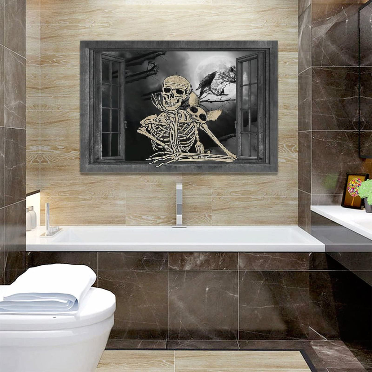 Retro Gothic Skull Bathroom Decor Wall Art Funny Skeleton Black and White Pictures Wall Decor Modern Goth Home Halloween Dark Style Canvas Prints Painting Framed Artwork For Bedroom Living Room (Gothic / 16"L x 24"W)