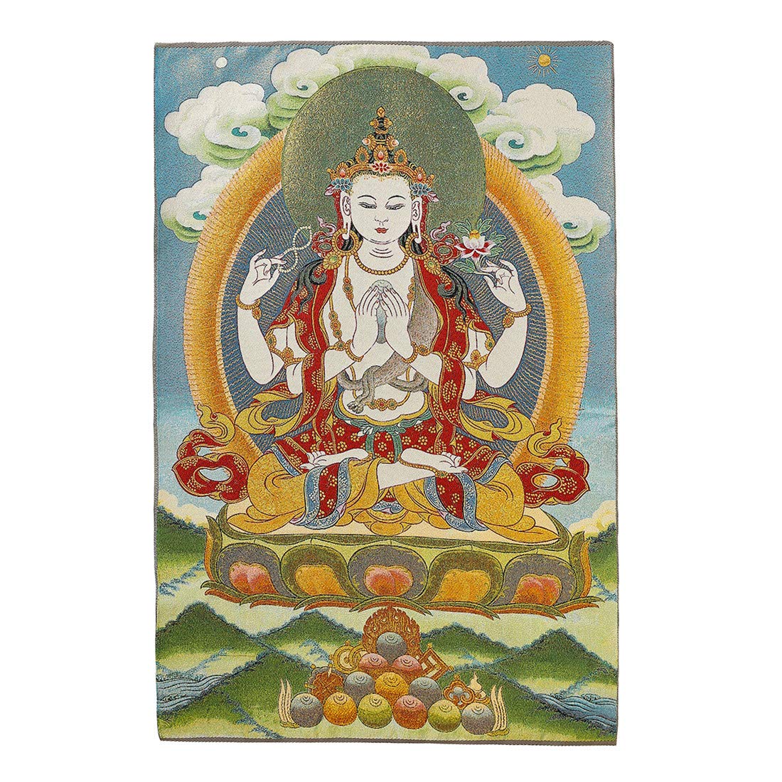 Silk Embroidery Tibetan Thangka with Four Arms Kwan Yin Avalokitesvara Wall Hanging for Home Décor Tapestry Meditation (KT037)