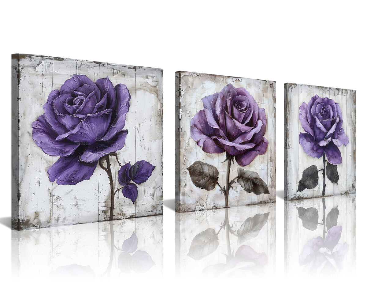 3Pcs Purple Rose Canvas Prints Wall Art Botanical Floral Art Modern Flower Artwork Ready to Hang Textured Wall Art Print Decorative Wall Hanging for Living Room Bedroom Kitchen (14 x 14 inches (3-Piece Set) / Purple Rose)