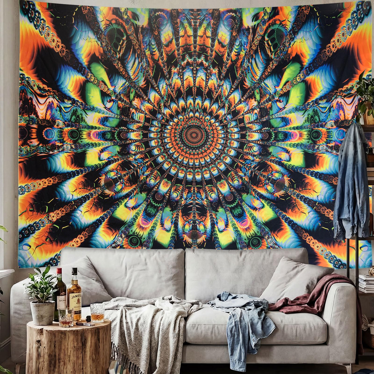Blacklight Mandala Tapestry for Bedroom (Mandala Tapestry Orange / 90"L x 70"W)