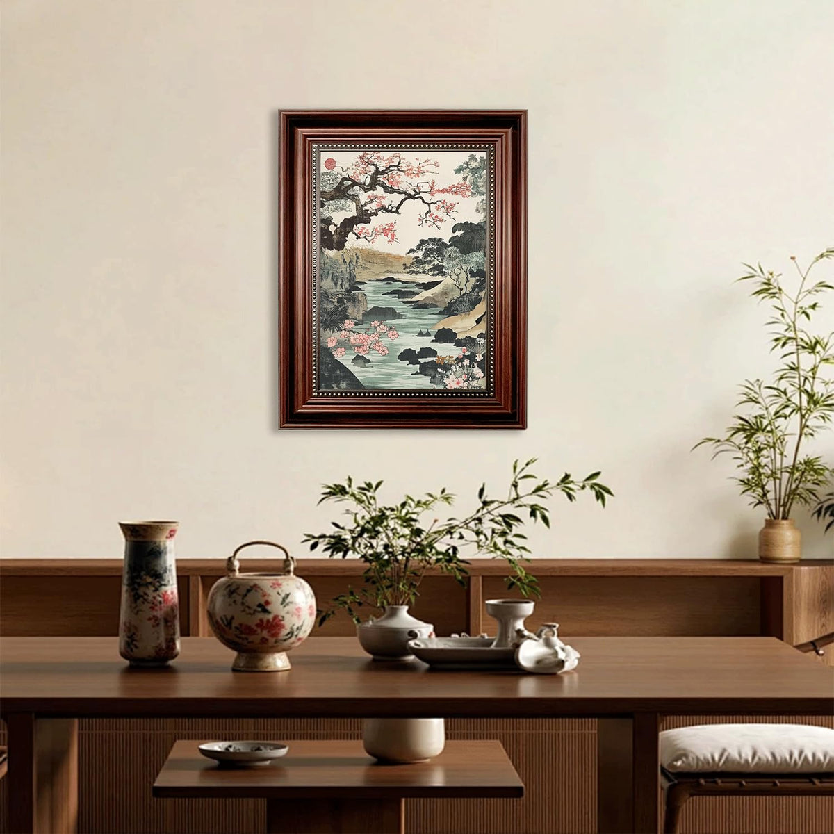 Dark Brown Framed Japanese Cherry Landscape ink painting 16x24 in (Cherry Blossom Landscape / 24"L x 16"W)