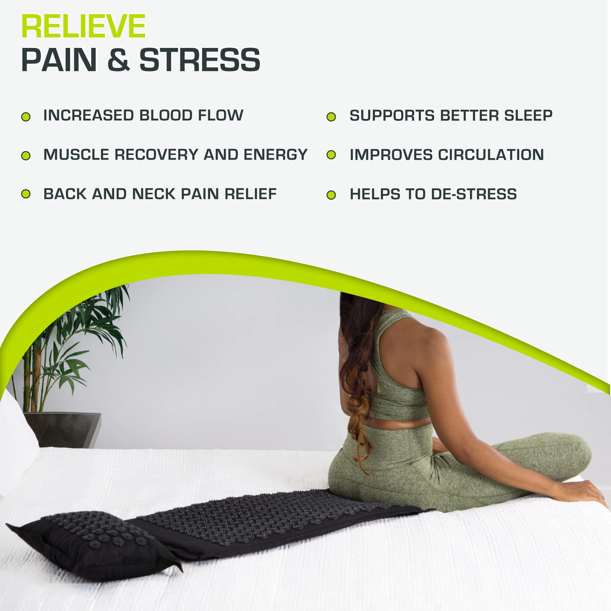 Fit Ki Acupressure Mat and Pillow Set with 100% Natural Linen for Back (Black Pearl)
