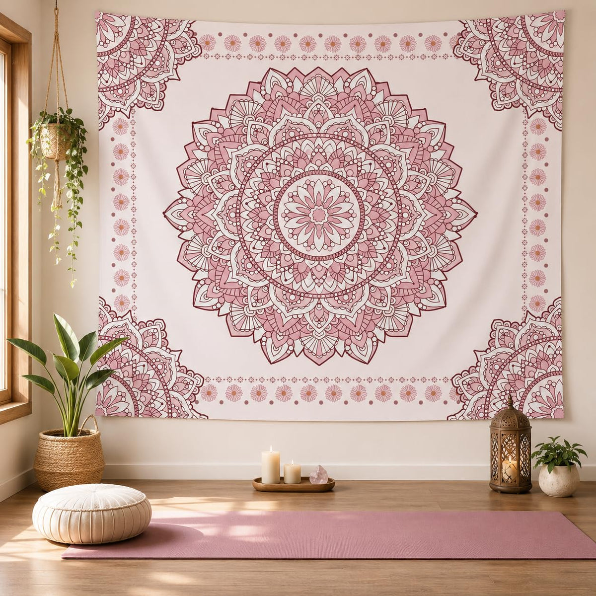 Pink Mandala Tapestry for Bedroom Aesthetic (A Pink Mandala Tapestry / 90"L x 71"W)