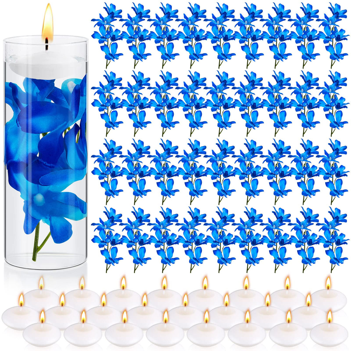 42 Pcs Blue Orchids Artificial Flowers Floating Candles Set