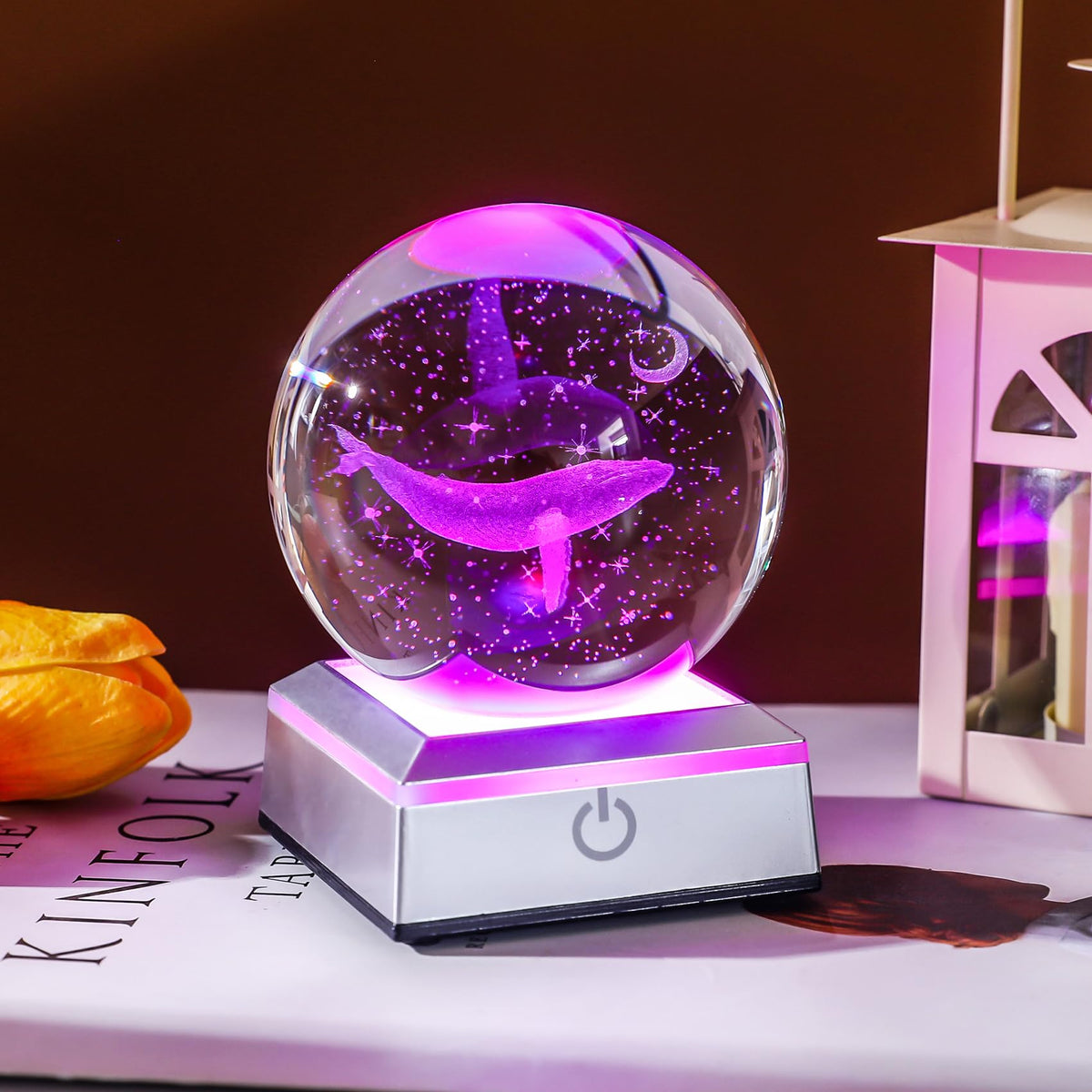 Laser Engraved Moon Whale Figures Crystal Decor Ball 3.14 Inch Ocean (Whale)