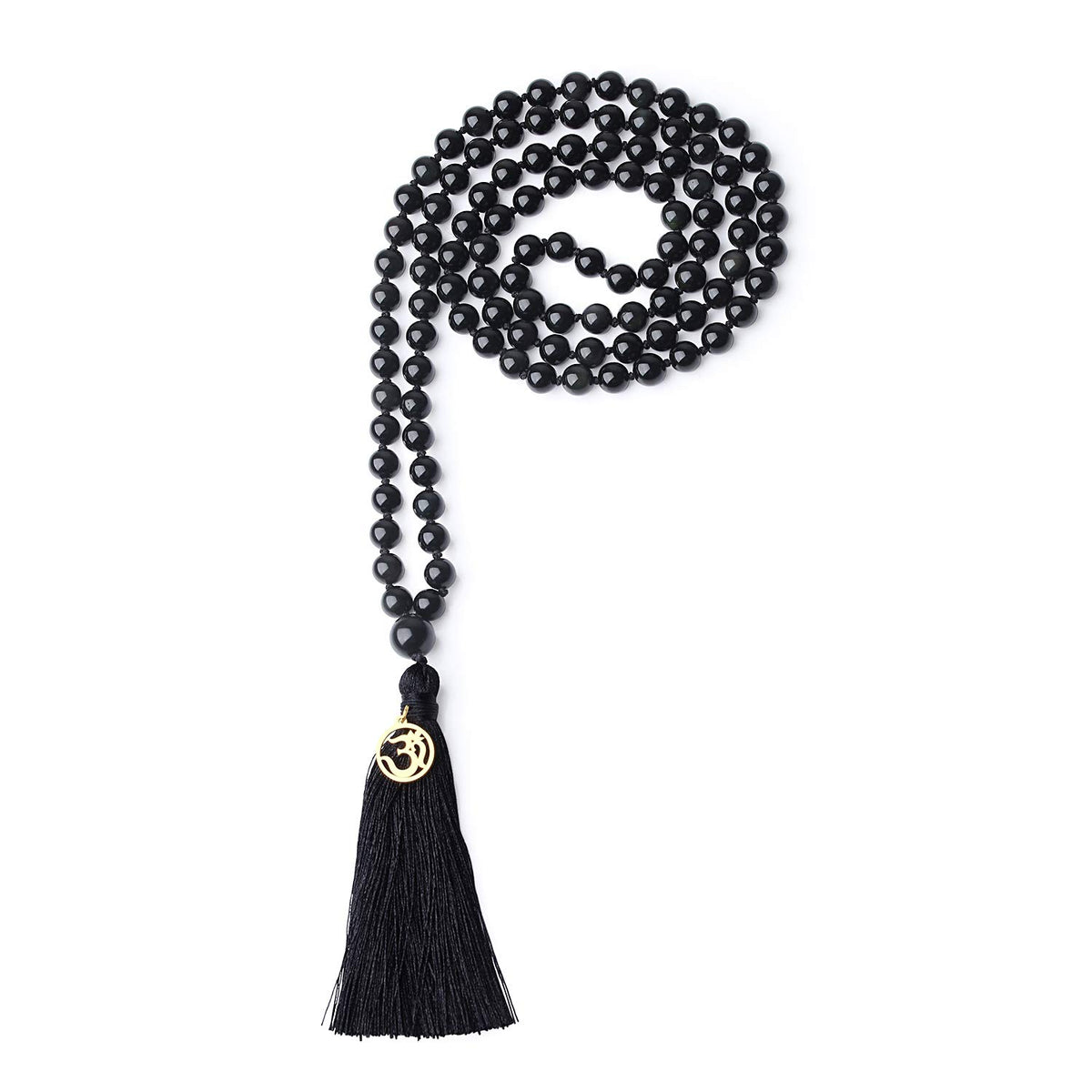 OM Charm Hand Knotted Tassel 108 Mala Beads Black Obsidian Stone Beaded Necklace 8mm (8mm / Black Obsidan)