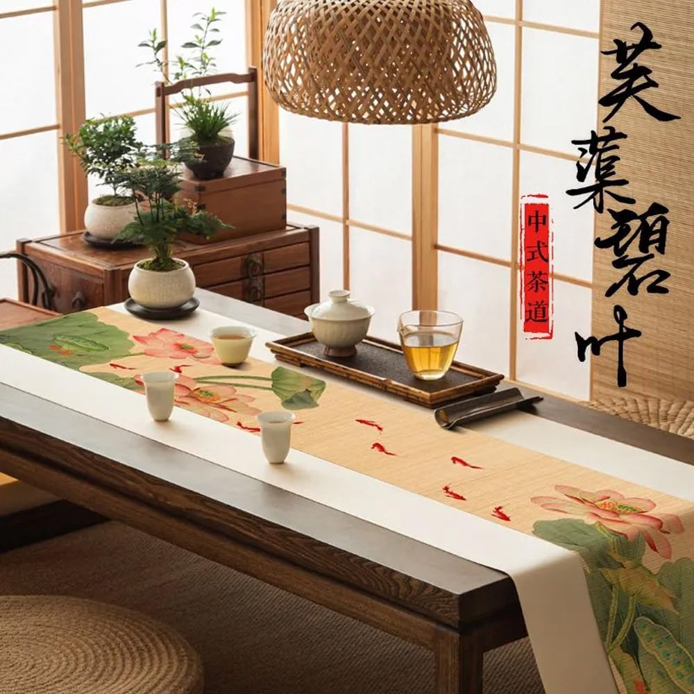 Asian Style Bamboo Table Runner (Lotus Carps / 12x48 Inch)