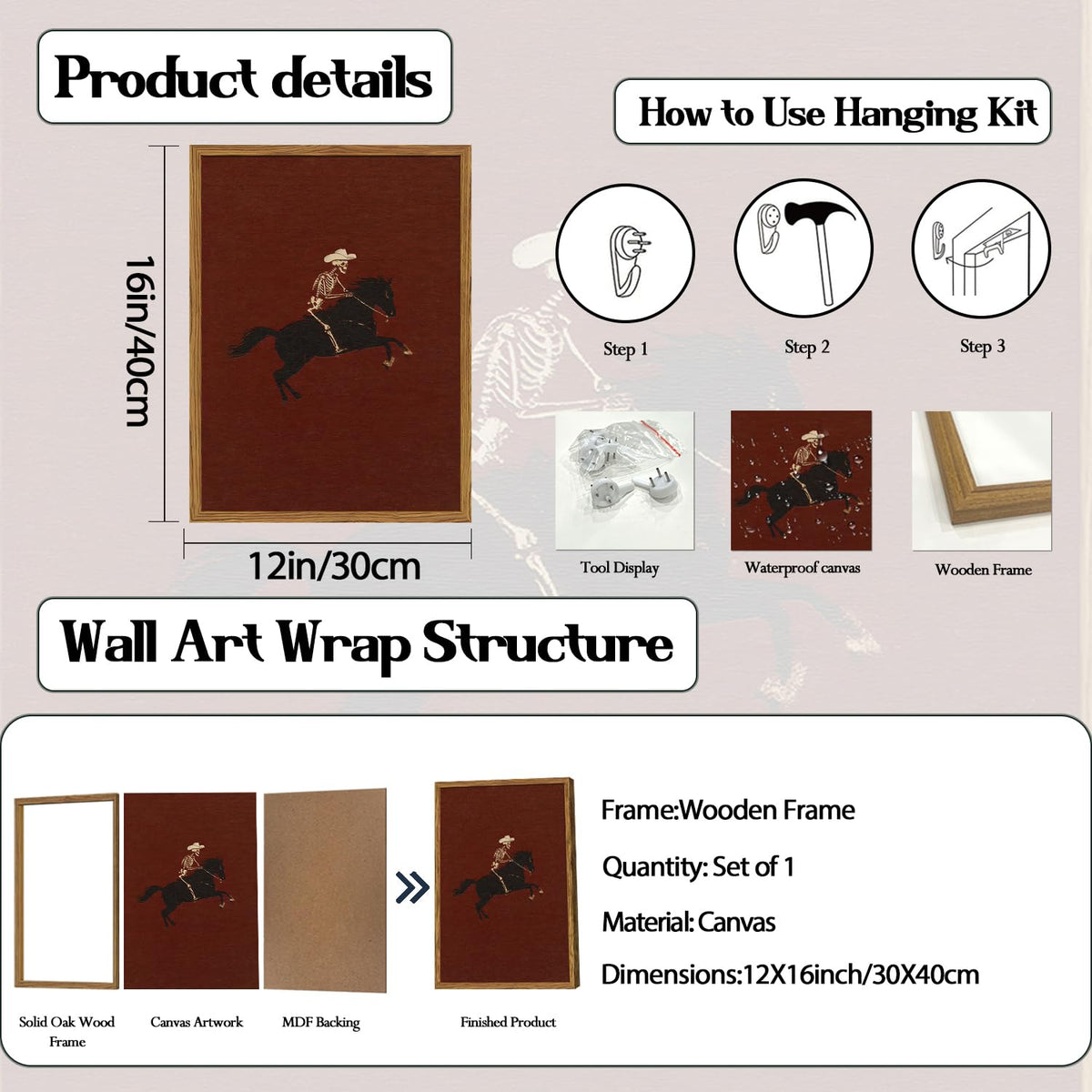 Framed Vintage Western Cowboy Wall Art (Skeleton / 16"L x 12"W)
