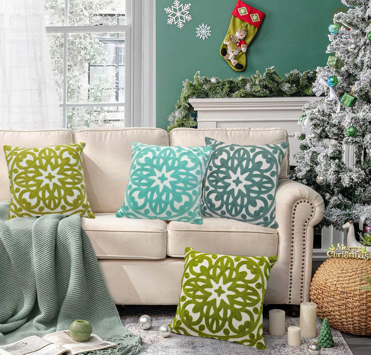 Embroidered Decorative Throw Pillow Cover 18x18 inch (Aqua Blue / 18" x 18" (Pack of 1))