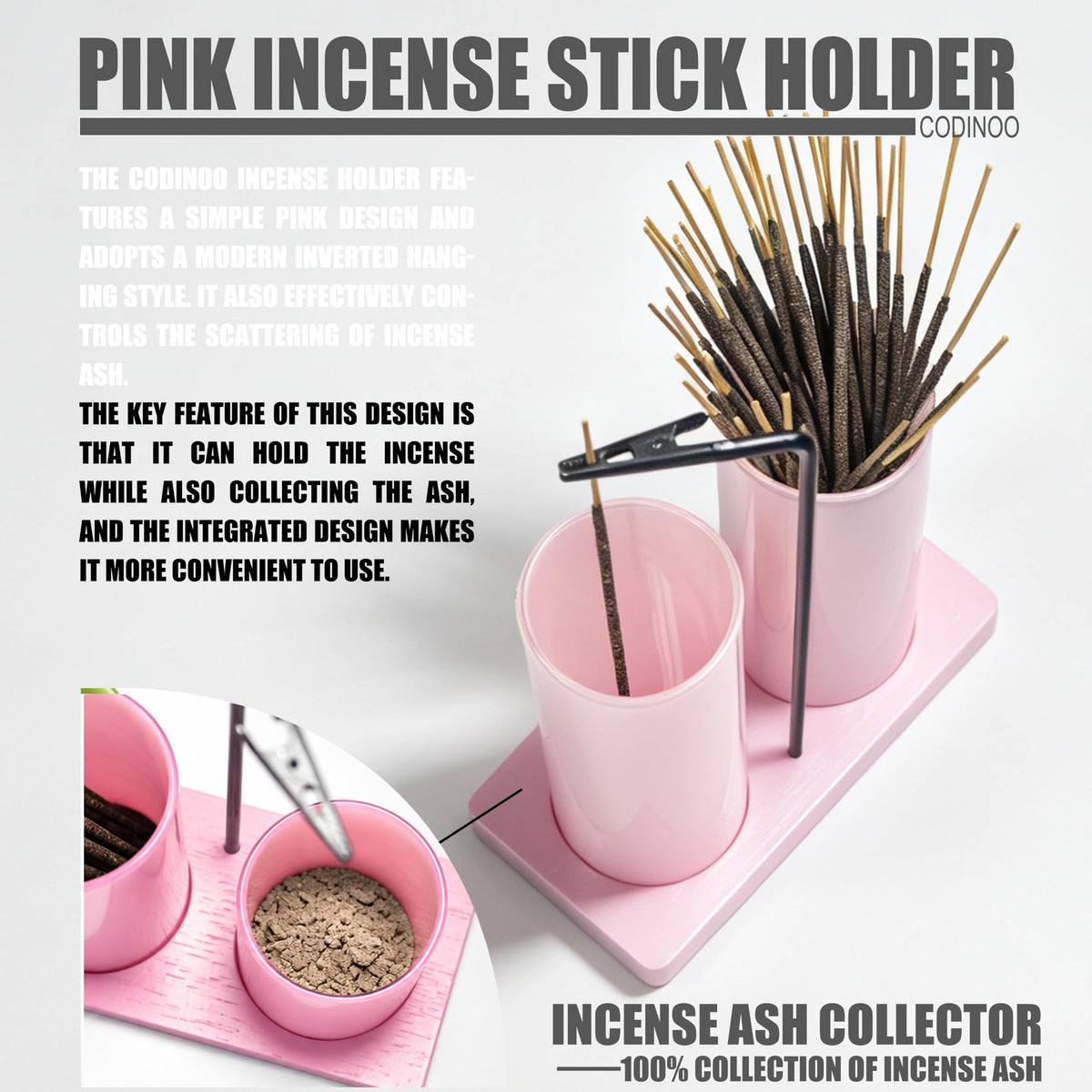 2 in 1 Incense Holder for Sticks (Solid Pink / 2 tall glass)