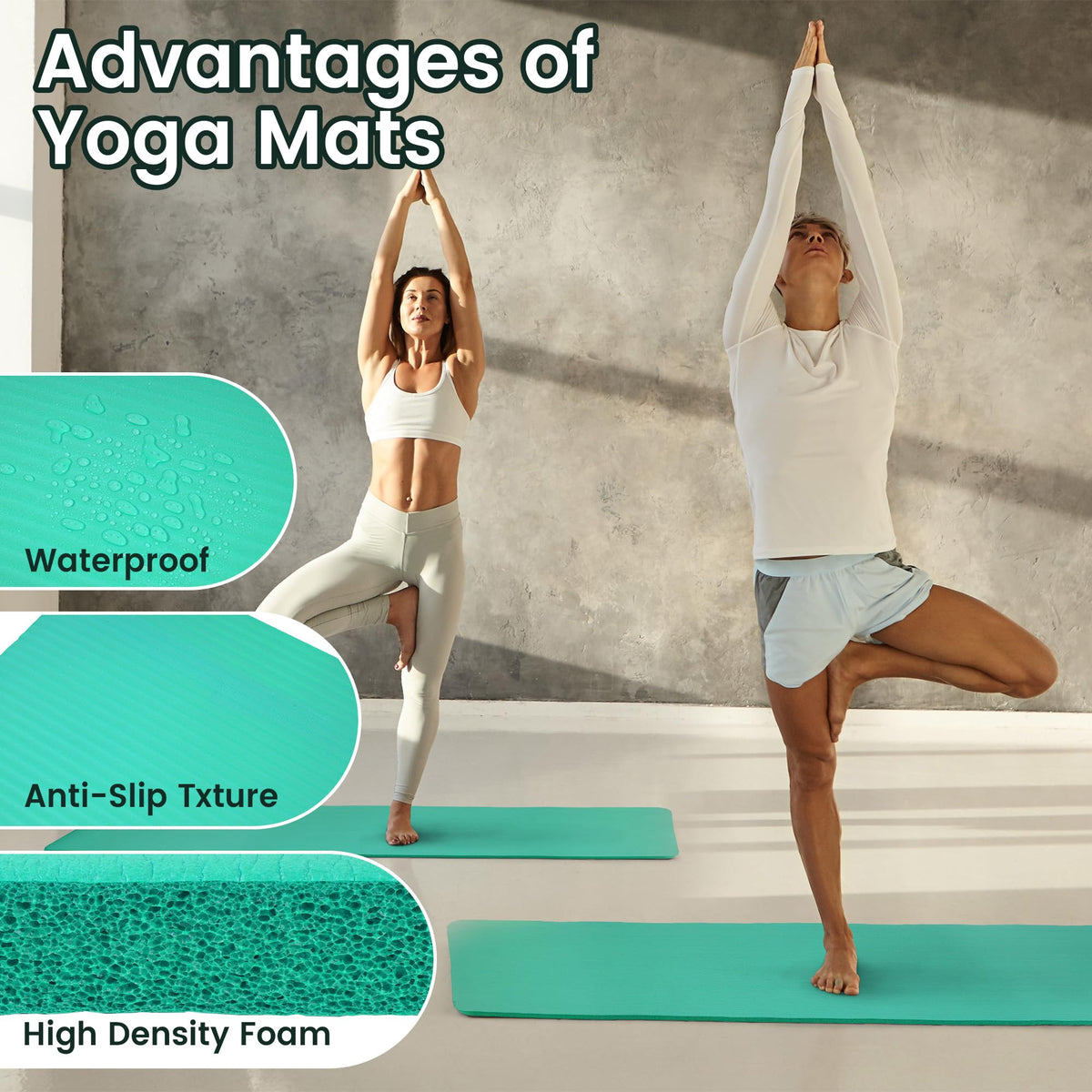 Yoga Mat, 1/2-Inch Extra Thick High Density Exercise Mat, Anti-Tear Exercise Yoga Mat with Carrying Strap, Suitable for Various Yoga Exercises, Aqua (Aqua)