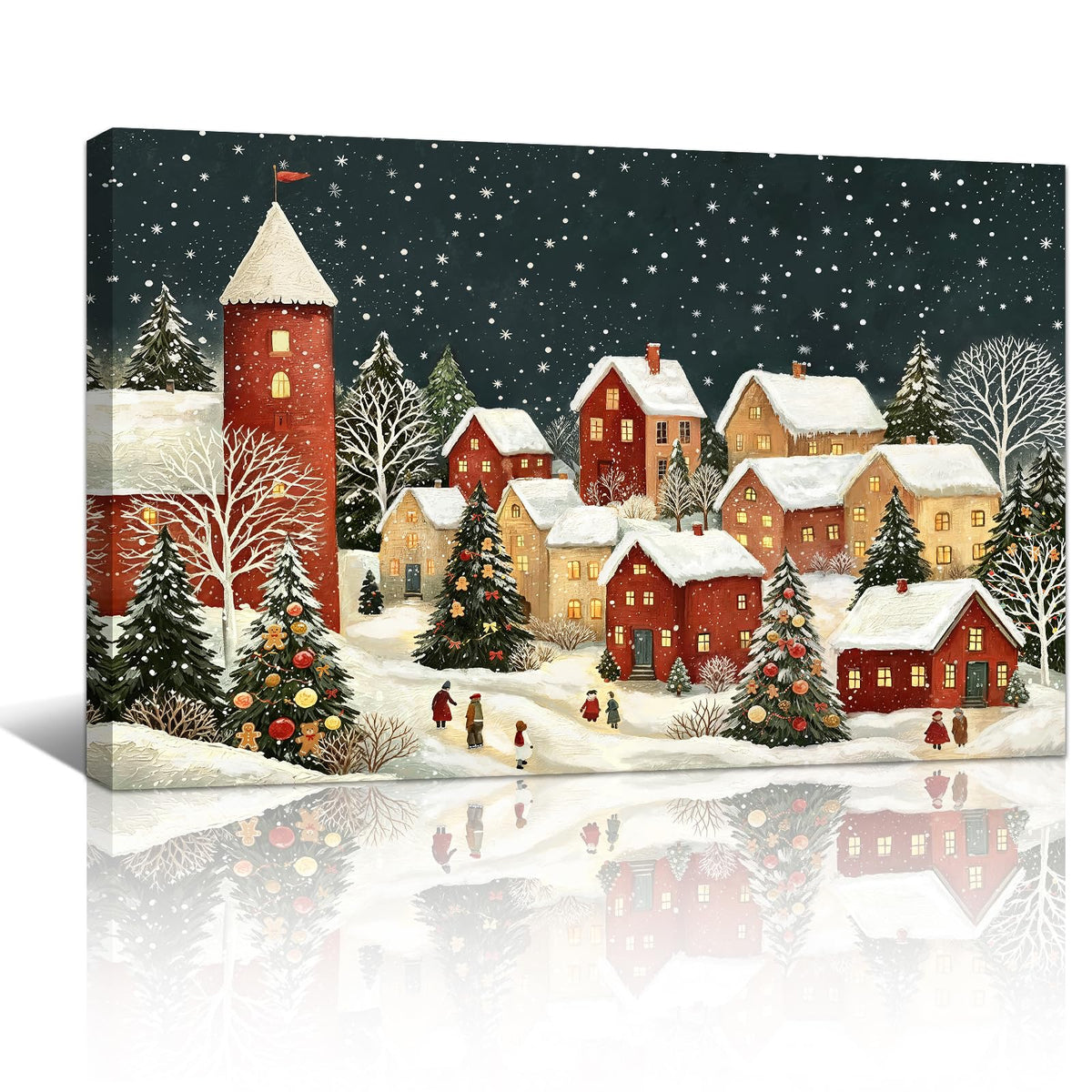 Vintage Christmas Winter Village Canvas Wall Art 16"x24" (Red Snow Town / 24"L x 16"W)