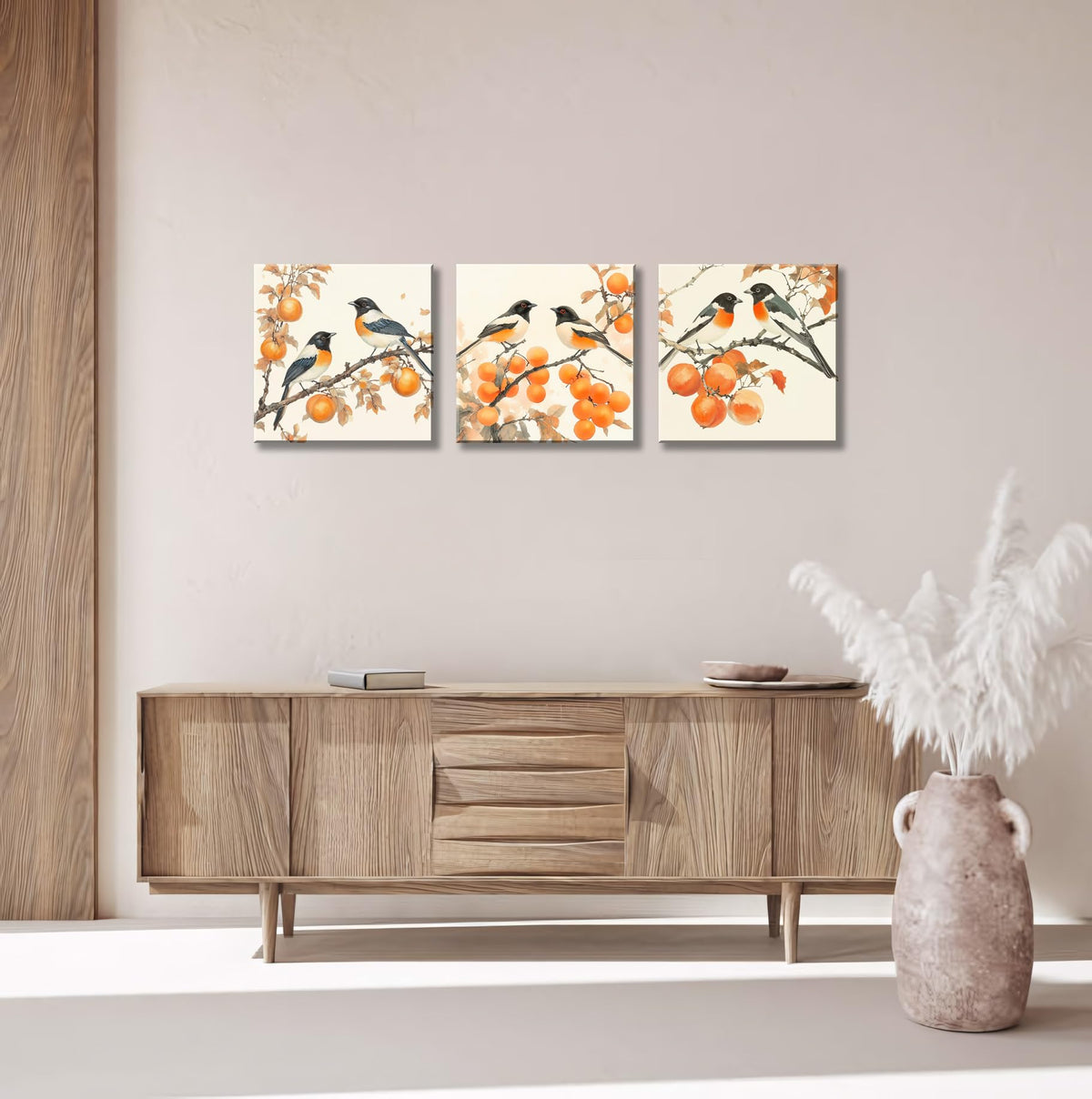 3PCS Vintage Style Watercolor Birds Orange Fruits Canvas Wall Art Botanical Autum Natural Scene Artwork for Living Room Bedroom Office Calming Wildlife and Fruit Branch Framed Canvas Prints (Birds Orange Fruits / 20x20 inches (3 pieces))