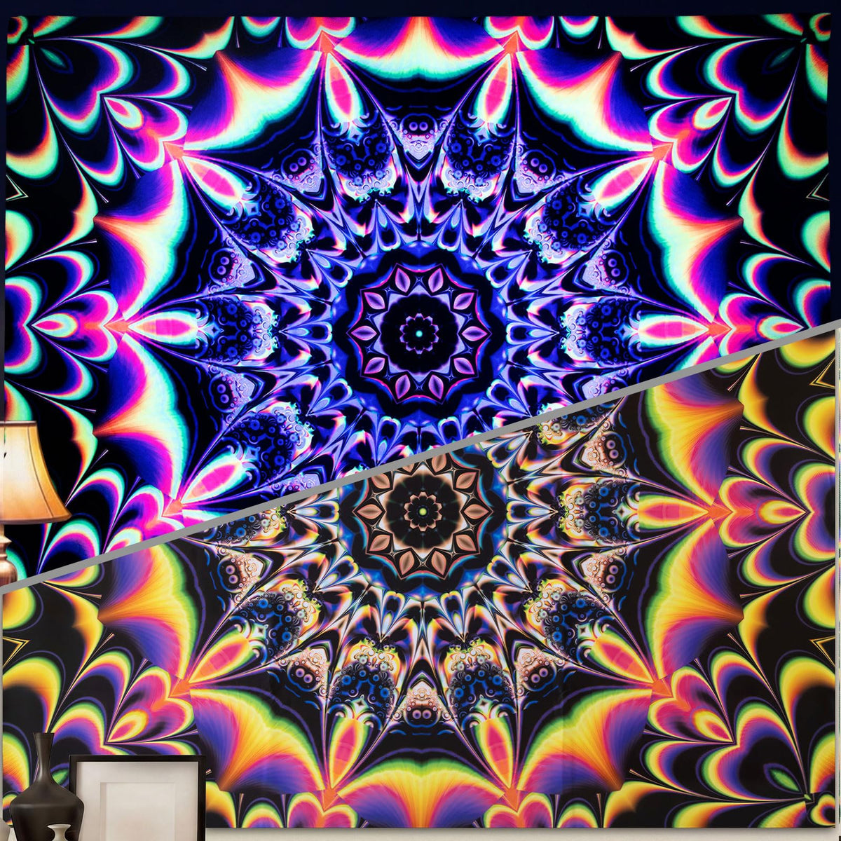 Blacklight Trippy Mandala Tapestry (Mandala Tapestry Red / 59"L x 51"W)