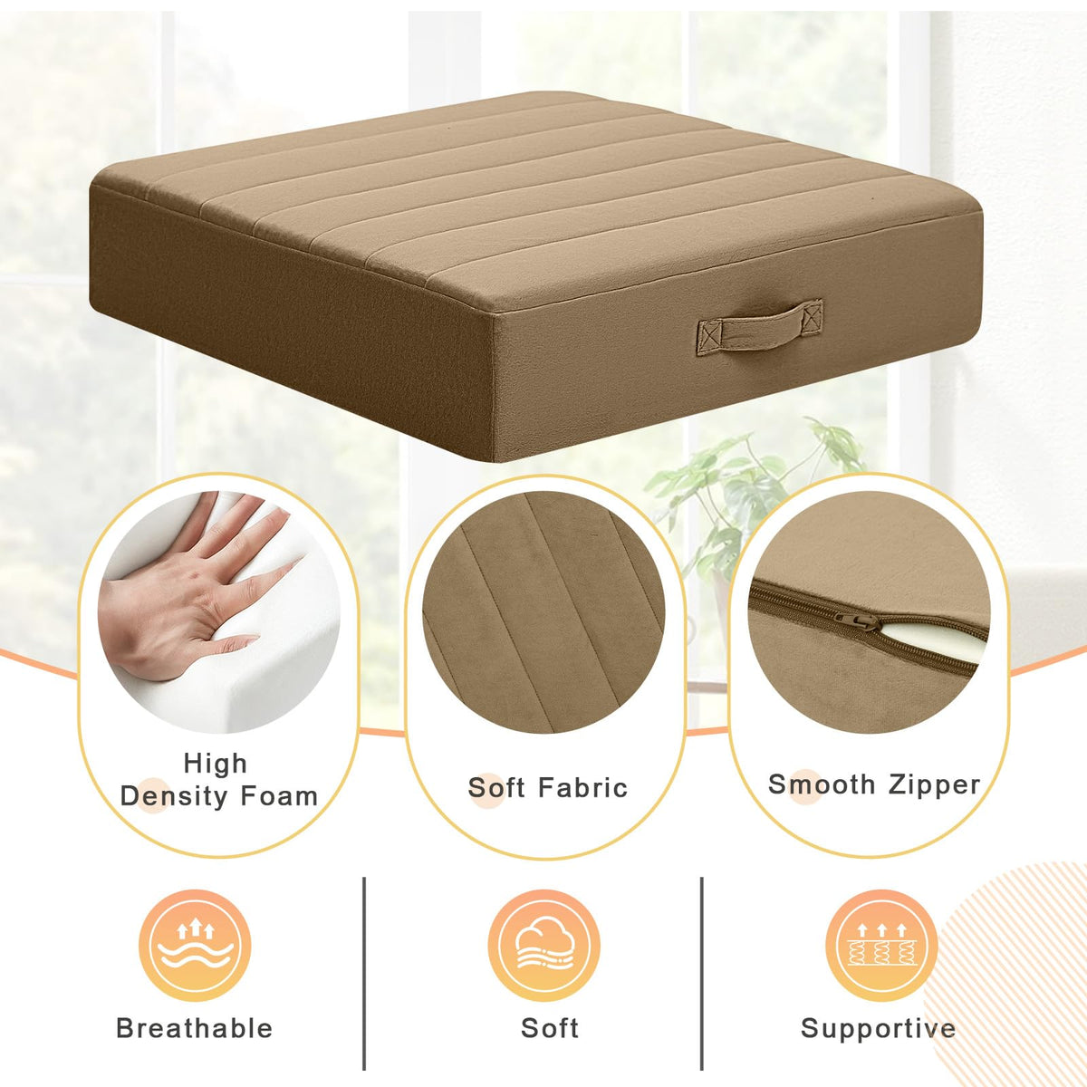 22 Inch Square Floor Pillow for Adults (22 Inch / Light Coffee)