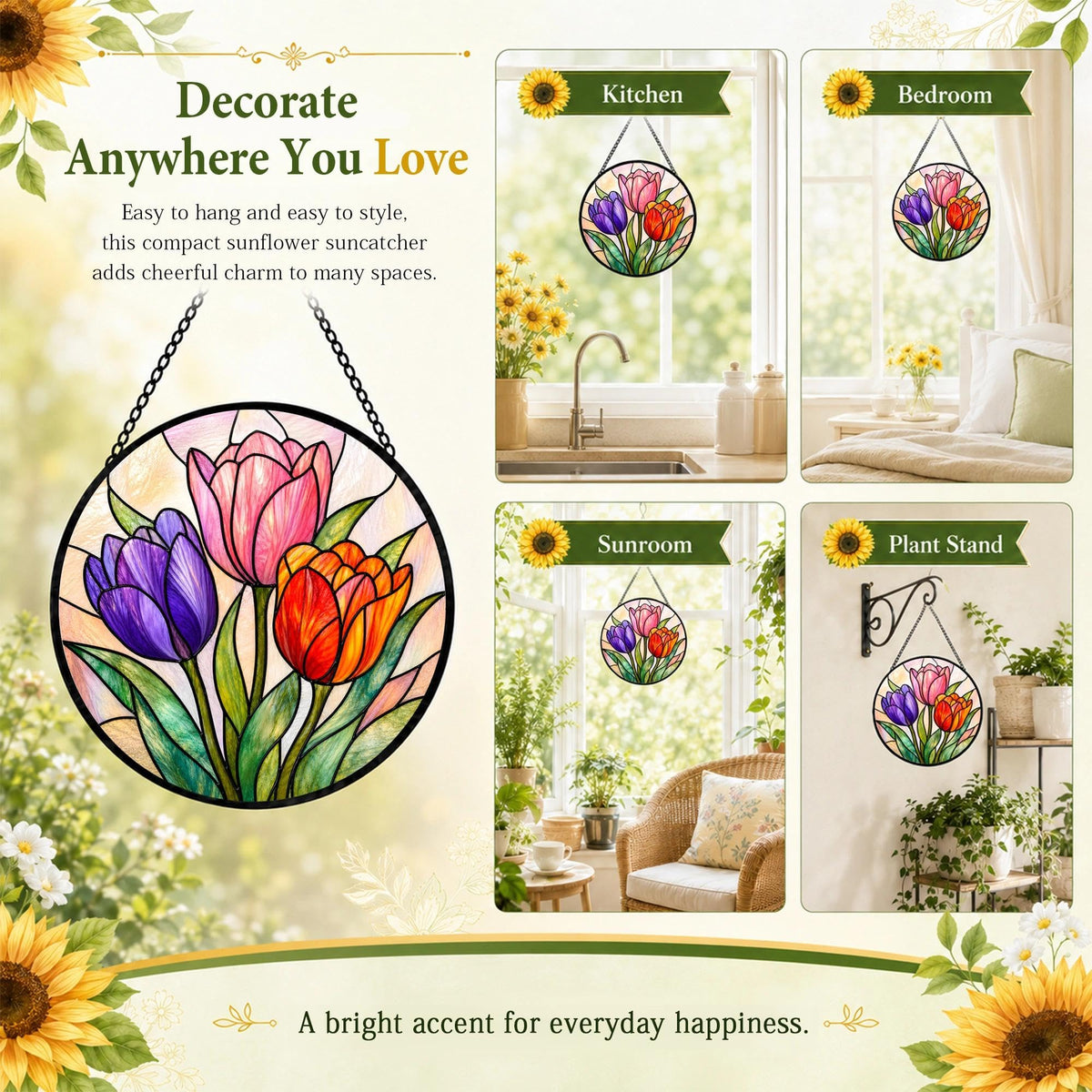 Tulip Gifts for Mom Grandma Suncatcher Stained Glass Window Hanging 6.3in (Tulip / 6.3 x 6.3 IN)