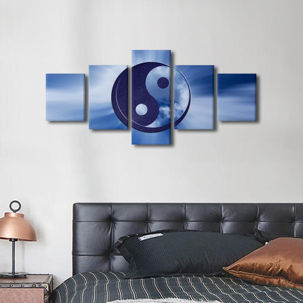 Canvas Wall Art Duality Yin Yang With Day And Night Sky Five Panel Framed Painting Modern Home Decor Asian Philosophy Wall Art Spiritual Decor Ready to Hang 50" Wx24 H (50''Wx24''H / Artwork-12)