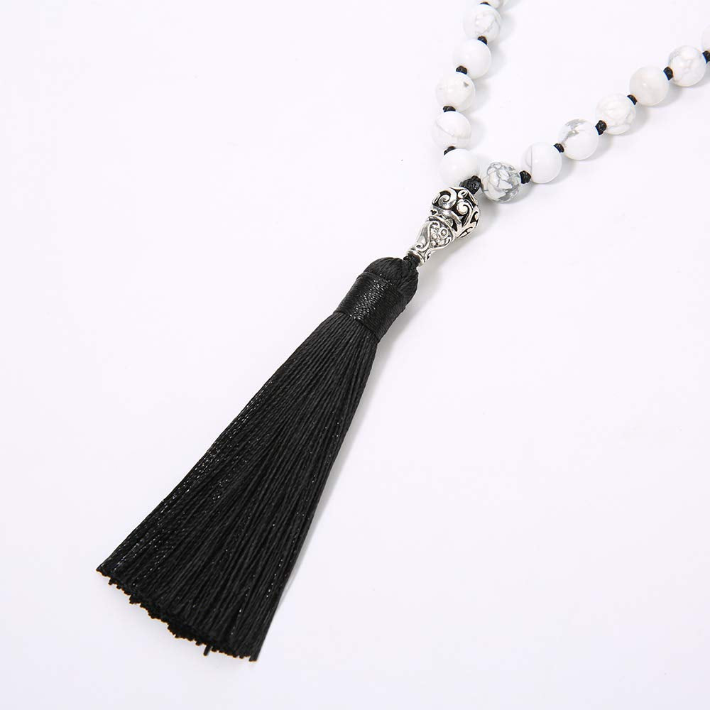 108 Mala Beads Semi (Natural White Howlite（Black Tassel）)