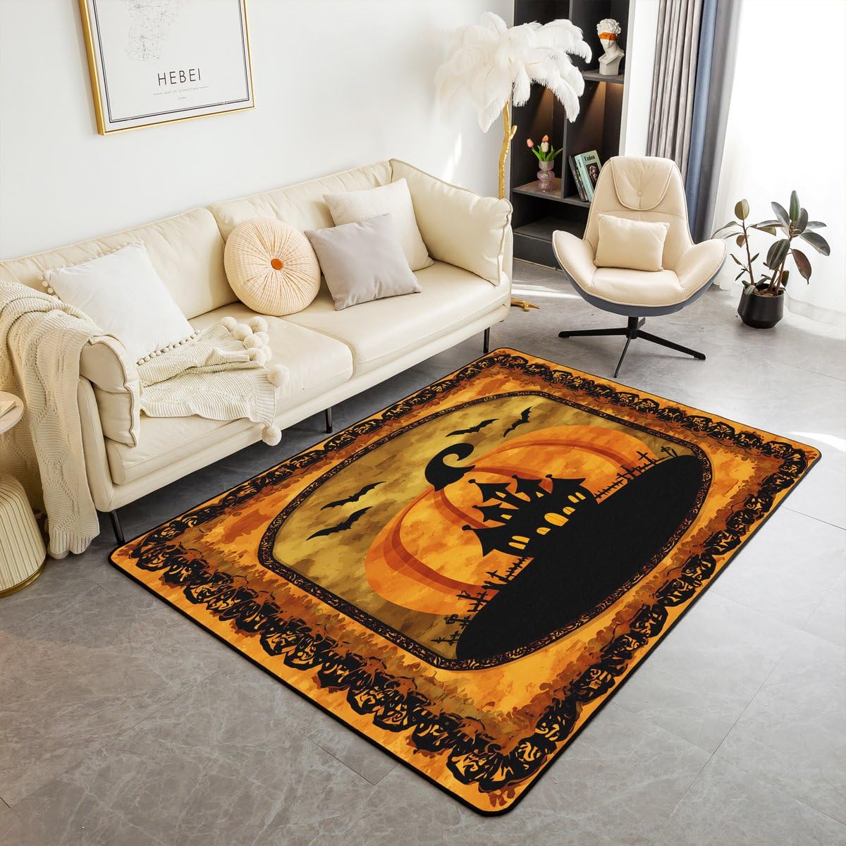 Halloween Pumpkin Large Area Rug 5x7 Spooky Haunted House Living Room Rug (Orange Black / 4'11" x 6'6" (Rectangular))