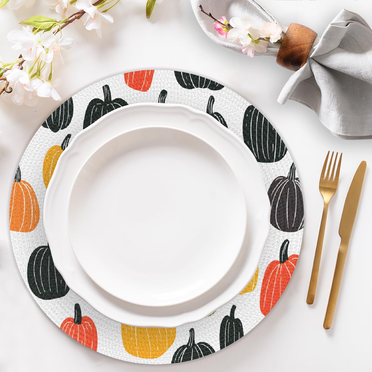 Thanksgiving Cartoon Pumpkin Round Placemats Set of 4 Woven 15 Inch (B 005 / 4 pieces)
