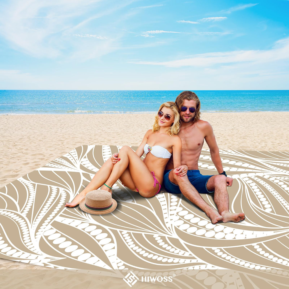Beach Blanket Waterproof Sandproof Oversized 95”x 80” (Wavebeaded-khaki)