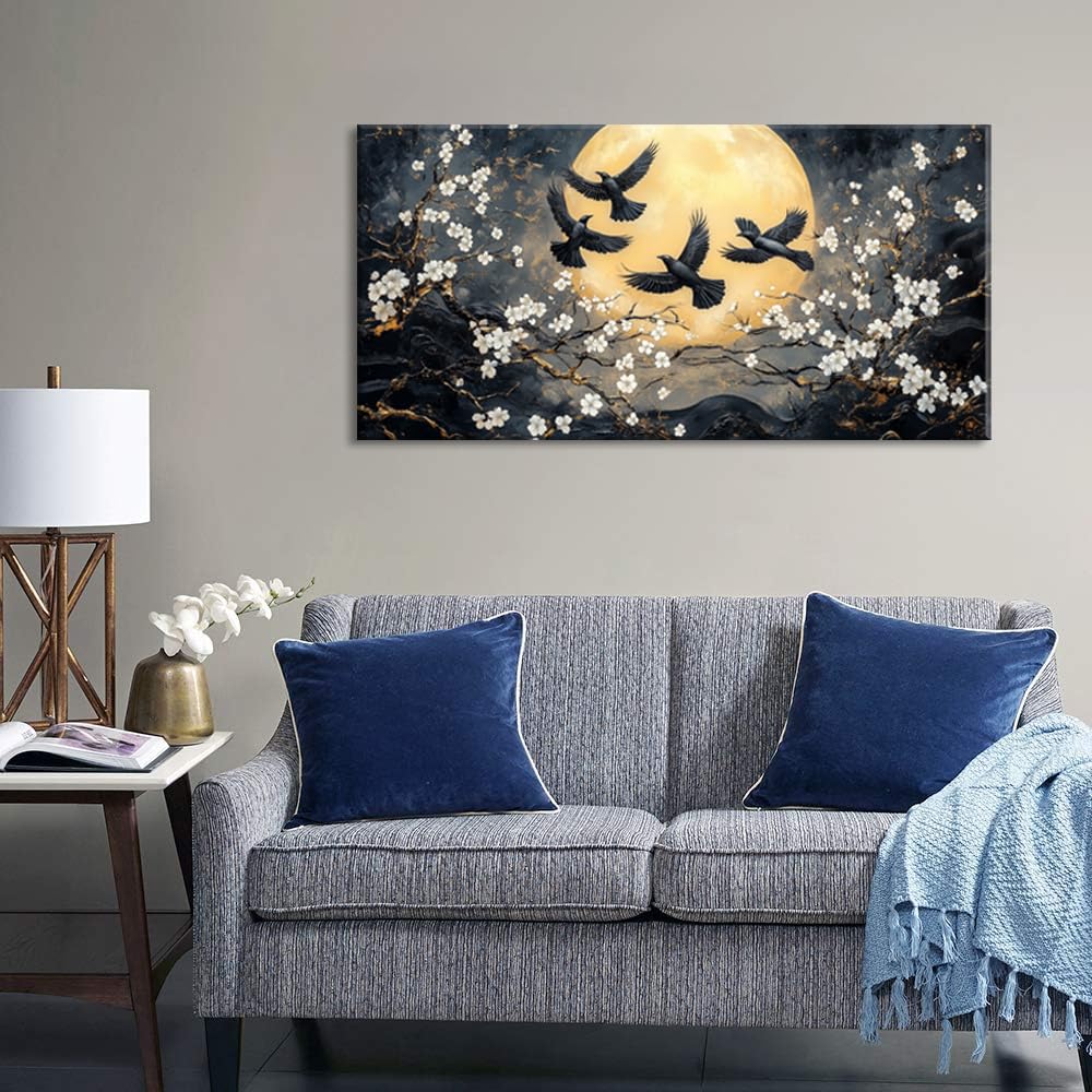 Black Art Crows and Cherry Blossoms Wall Art for Living Room Office Symbolism Traditional Ink Painting Prints Oriental Canvas Artwork Dining Bedroom Decor Extra Large (Abstract / Black Gold Crows Cherry Blossoms Wall Art / 58"L x 28"W)