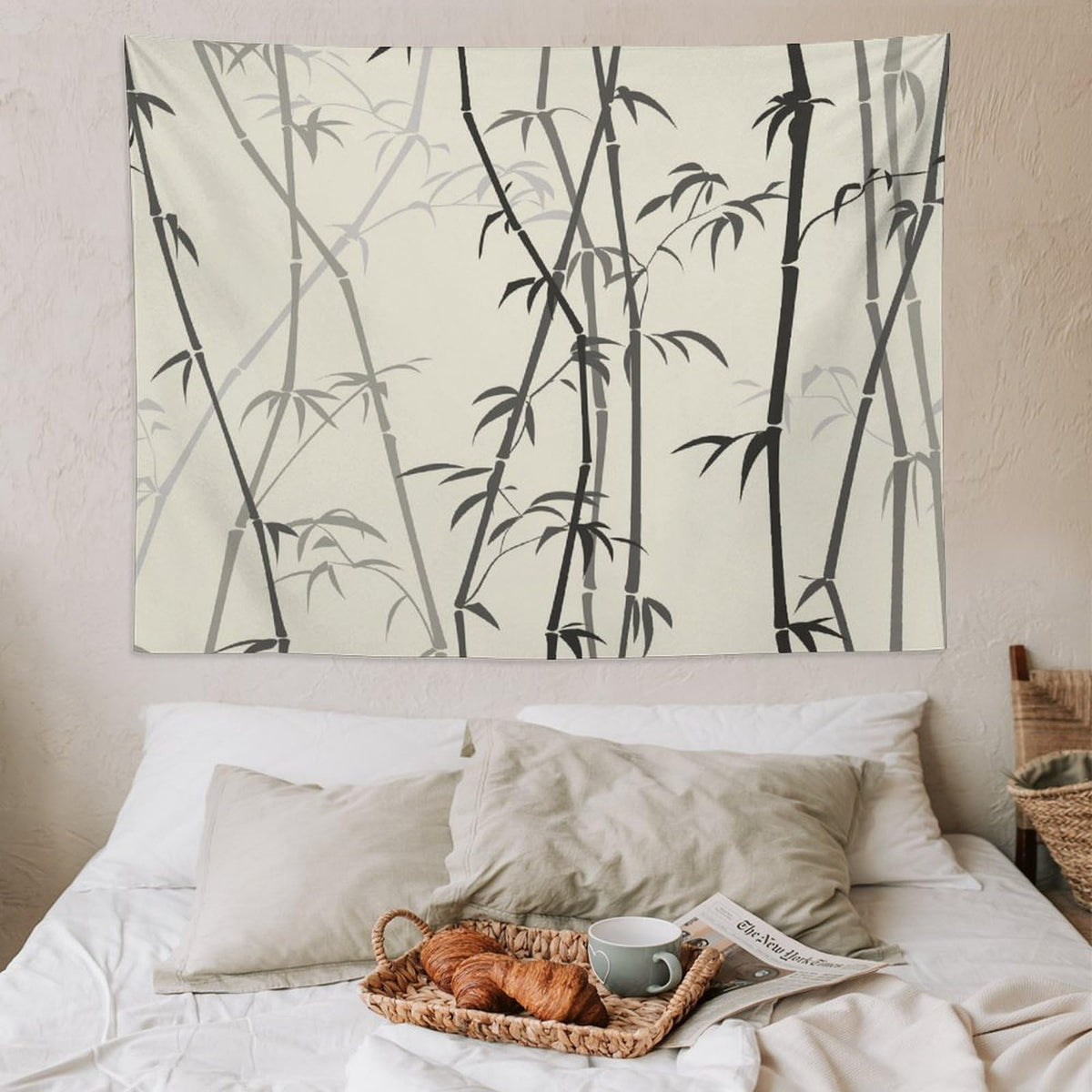Asian Bamboo Tapestry Wall Hanging Japanese Bamboo Leaf Plant Classical Chinese Oriental Nature Scenery Tapestries Home Decor for Living Room Bedroom Apartment Dorm 60"x80" (60"L x 80"W / Bamboo-4)