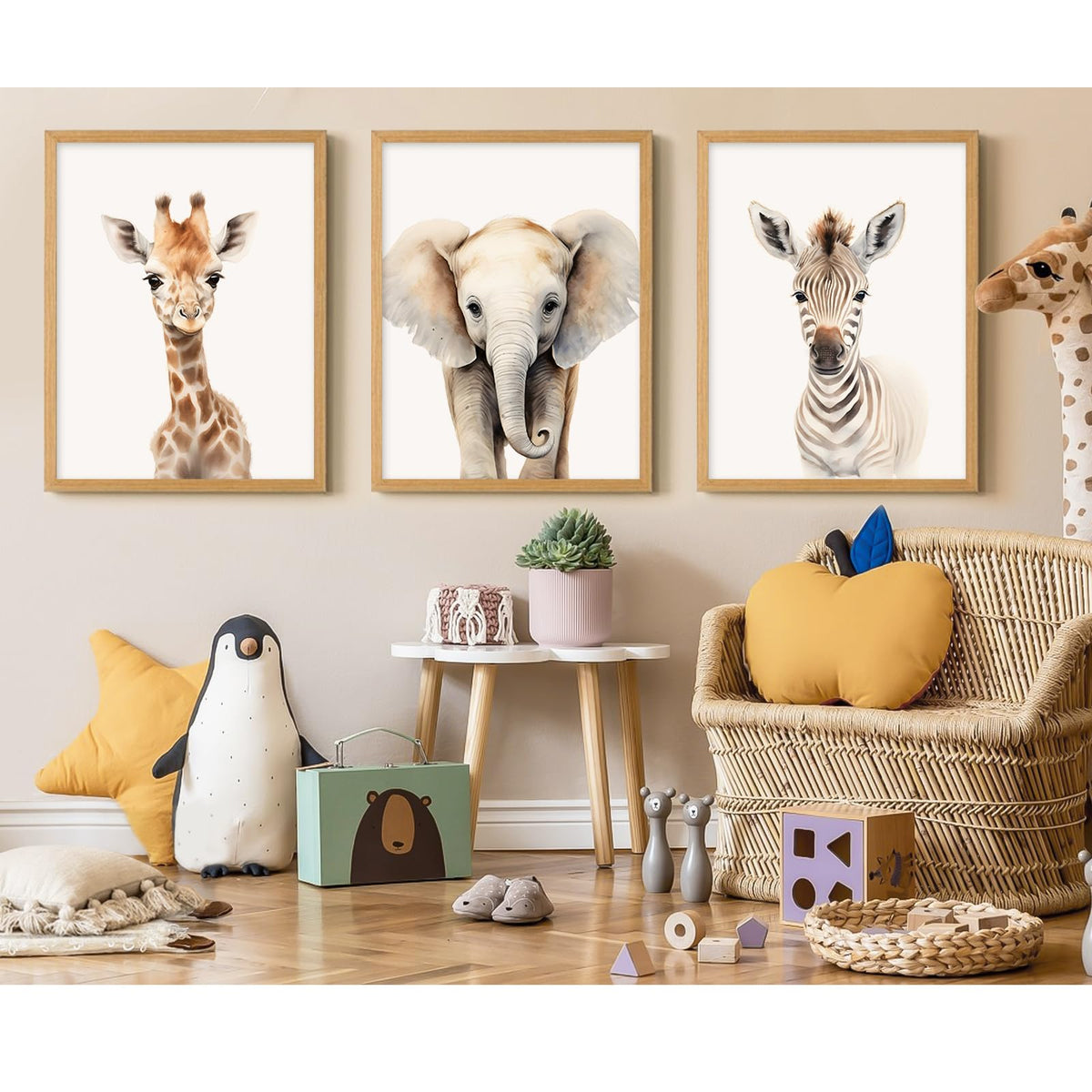 Nursery Animal Wall Art Safari Baby Wall Decor Boy Room Nursery Canvas Prints Jungle Animal Art Pictures Kids Cute Safari Poster for Girl Bedroom 16x24 Inch Unframed Set of 3 (16x24 Inch Unframed / Elephant Giraffe Prints)
