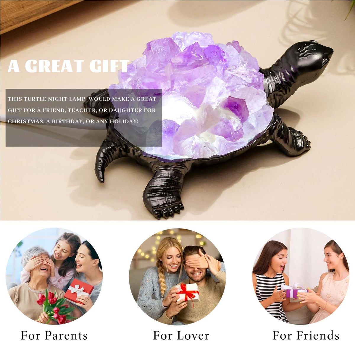 Natural Amethyst Turtle Night Lamp Healing Crystal Bedroom Bedside Table Lamp USB Port Home Decor Women Men Gift (Purple2)