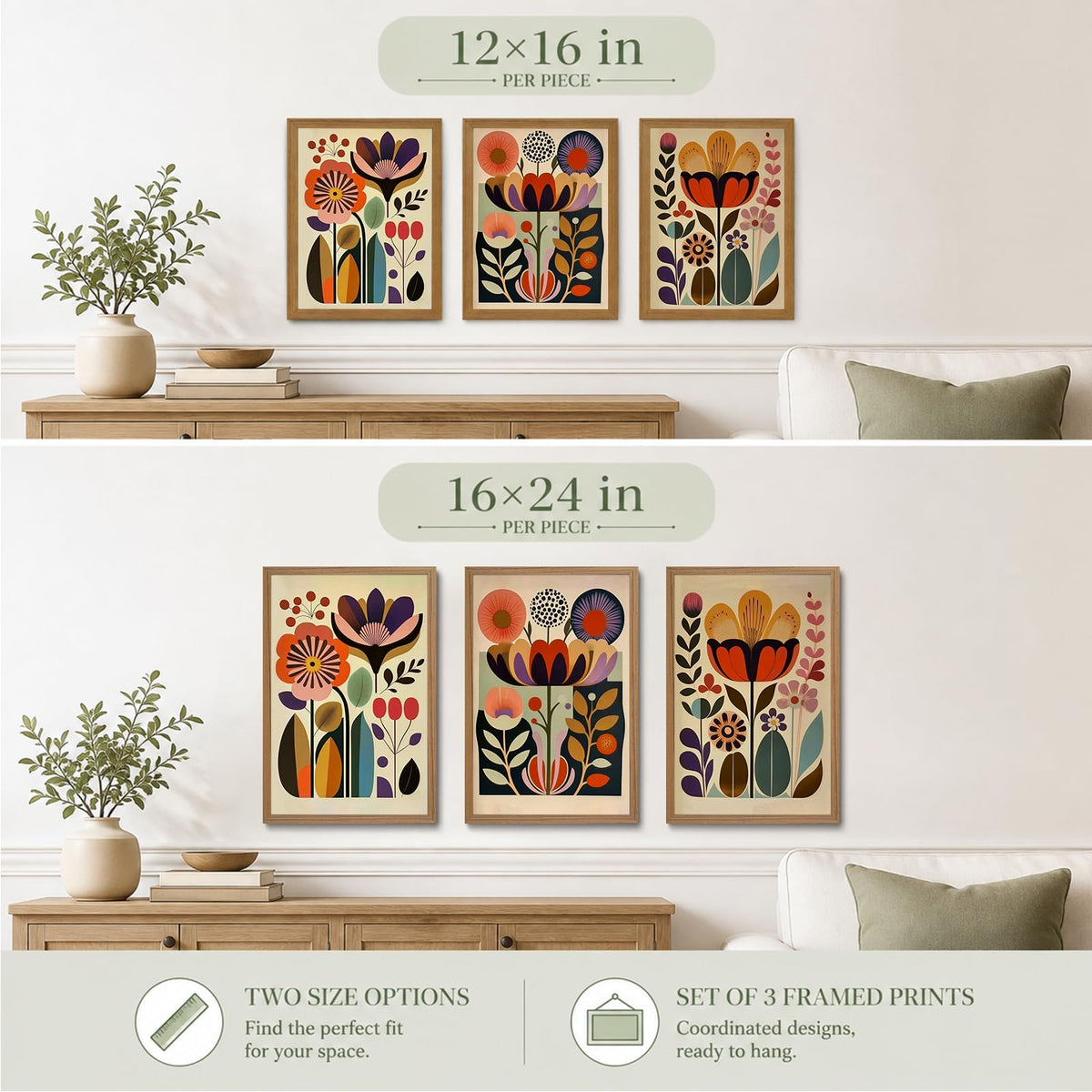 Scandinavian Wall Art Set of 3 (Abstract floral / 24"L x 16"W)