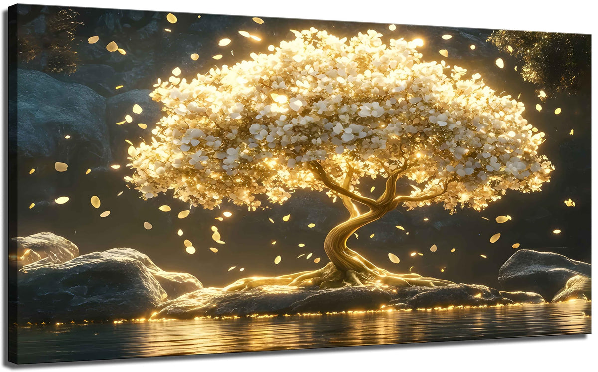 Large Tree of Life Canvas Wall Art Abstract Gold Tree Mountain Lake Decor painting Pictures Nordic Golden White Flowers Posters Prints for living room Bathroom Bedroom Office Hallway Home Decoration (Tree / 48"L x 24"W)