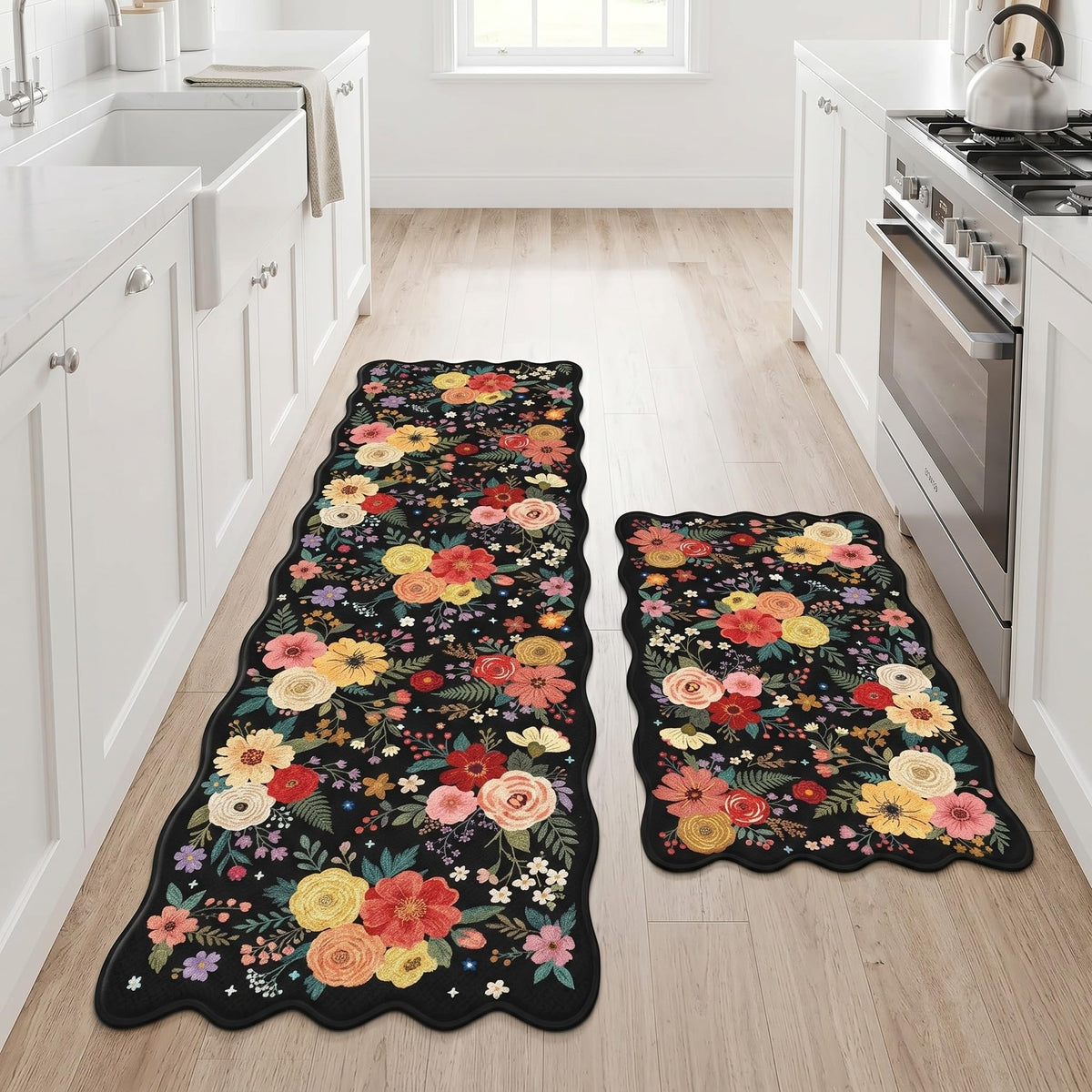 Anti Fatigue Kitchen Mats Set of 2 (Dark Floral / 17.3''x29.9''+17.3''x47'')