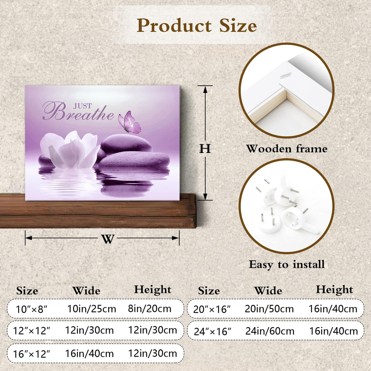 Zen Canvas Wall Art Bathroom Purple Butterfly and Flower Stone Relaxing Just Breathe Framed Wall Art Yoga Spa Office Calming Pictures Canvas Wall Decor for Living Room Bedroom (12"L x 16"W / Purple)