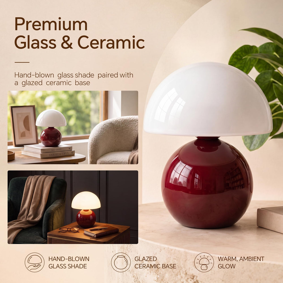 Mushroom Lamp Table Lamp for Bedroom (Wine Red)