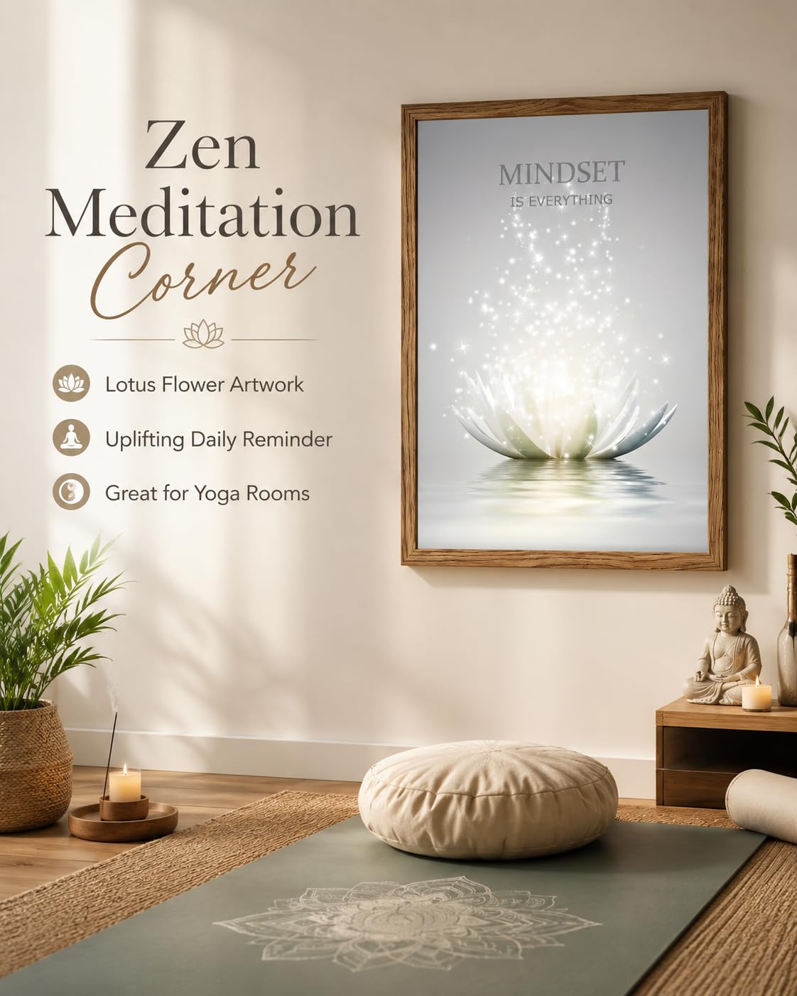 Wood Framed Lotus Flower Wall Art Zen Inspirational Wall Decor (Lotus Flower / 12"L x 16"W)