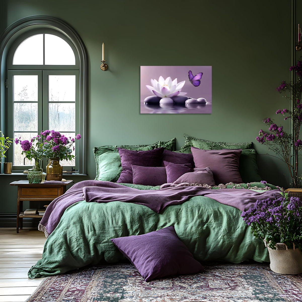 1 Panel Purple Wall Art Purple Pictures Wall Decor Zen Stone Water Lily and Butterfly on the Lake Pictures Poster Spiritual Yoga Spa Painting for Living Room Bedroom (36"L x 24"W / Purple Zen)