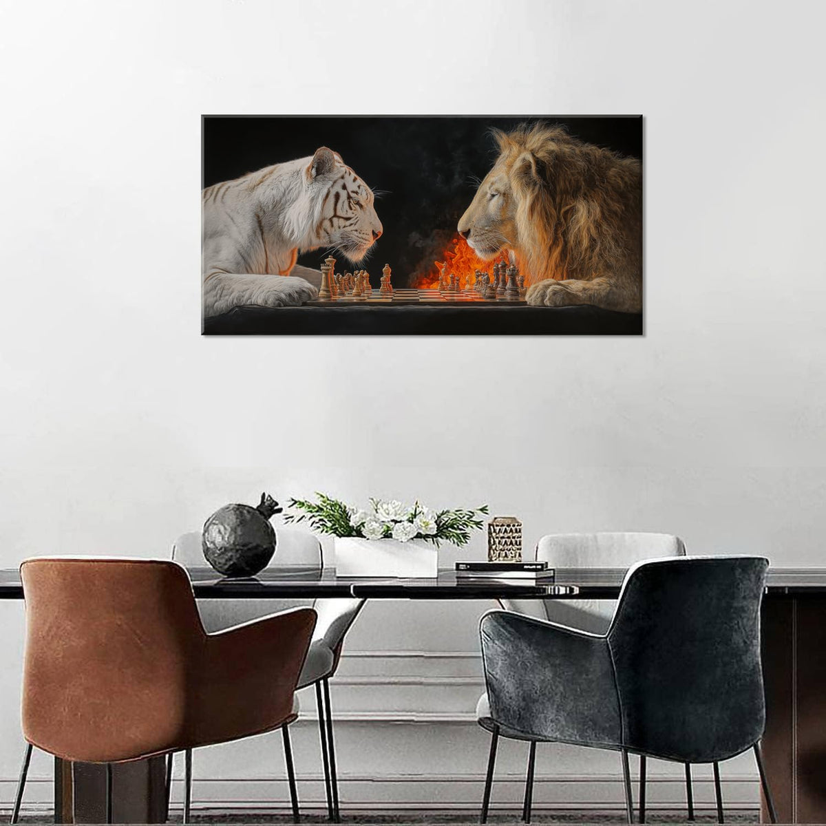 Gold Tiger Lion Chess Wall Art for Living Room Office Realistic Strategic Chess Match Symbolic Painting Prints Wildlife Canvas Artwork Dining Bedroom Decor (Abstract / White Gold Tiger Lion Chess Tree Wall Art / 40"L x 20"W)