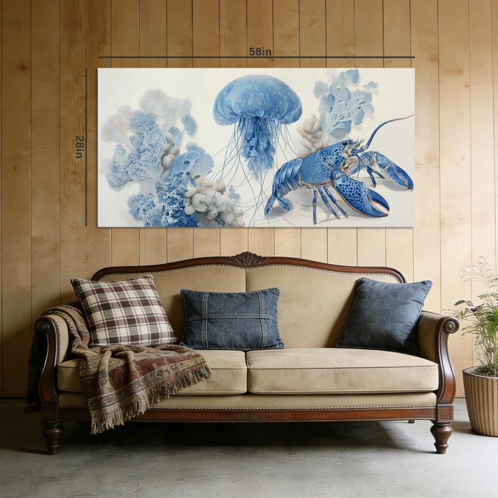Blue Ocean Animal Canvas Wall Art Lobster Jellyfish Coastal Watercolor Painting Flat Print Gallery Wrapped Artwork for Living Room Bedroom Bathroom Decor (Retro / Blue Lobster and Jellyfish 29 / 58"L x 28"W)