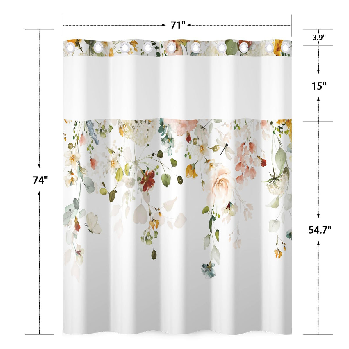 No Hook Shower Curtain with Snap in Liner (Hanging Botanical)