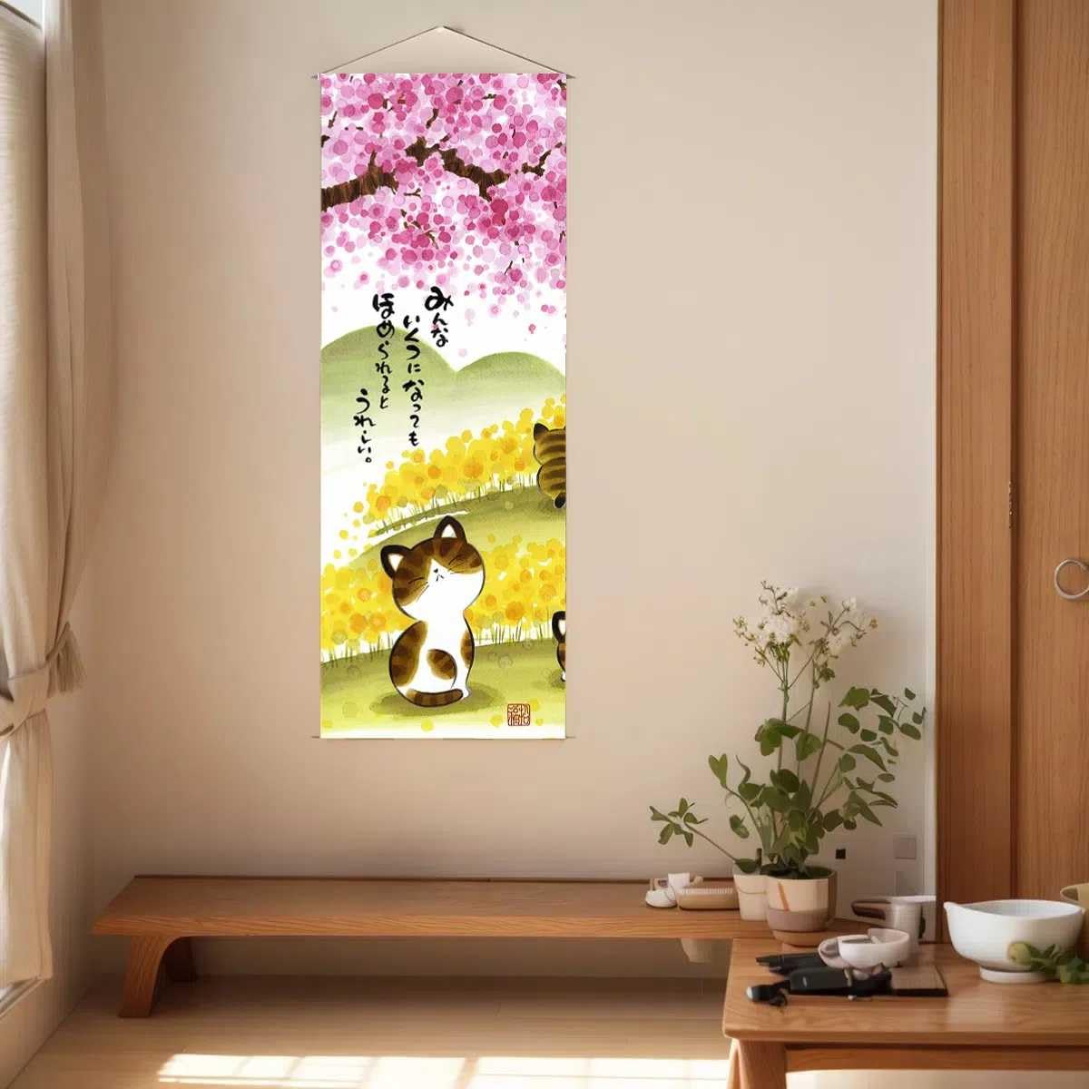 Japanese Scroll Wall Art Decorations Thin Tapestry Asian Room Decort Hanging Scroll for Living Room (Sakura and Cat)