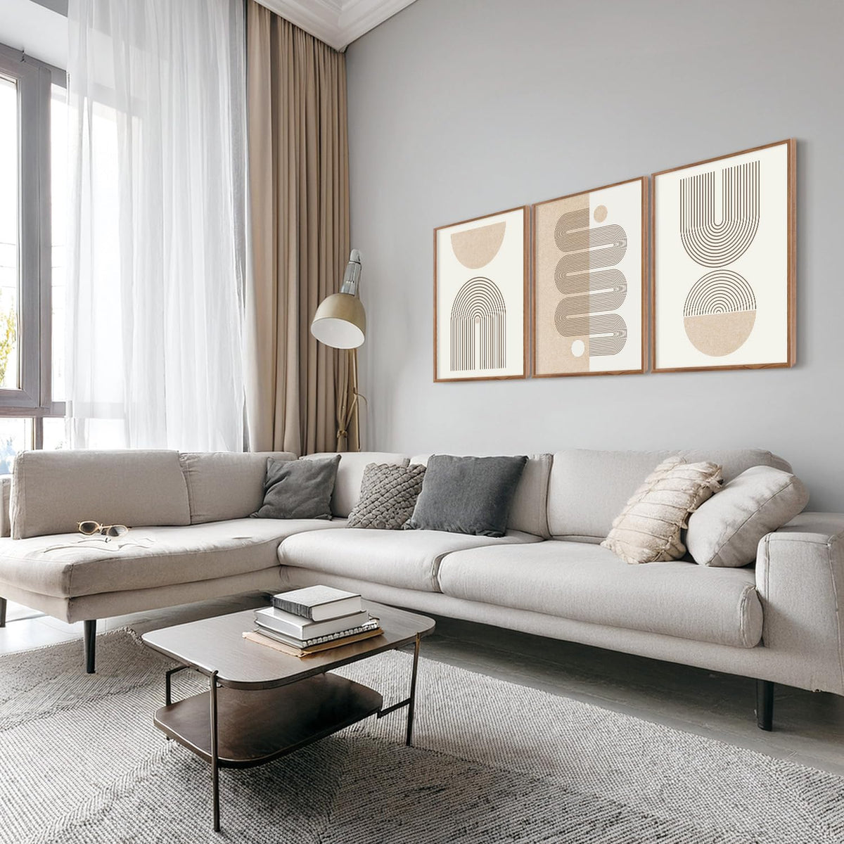 Mid Century Modern Framed Canvas Wall Art Set Of 3 (Abstract line wall art)