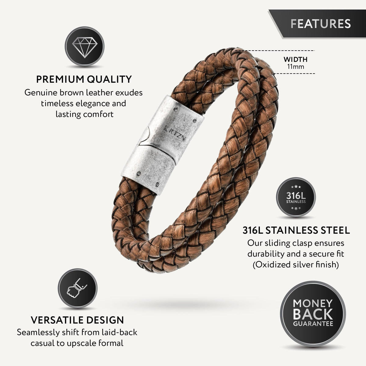 Brown Leather Bracelet for Men (Small / Double Braided)