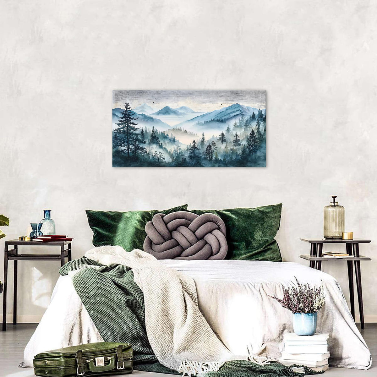 Great Misty Mountain Wall Art Teal Pine Tree Pictures Abstract Forest Wall Decor for Bedroom Vintage Foggy Scenery Poster Green Woodland Landscape Painting Artwork Living Room Home Decorations 20x40” (40"L x 20"W / Misty Forest)