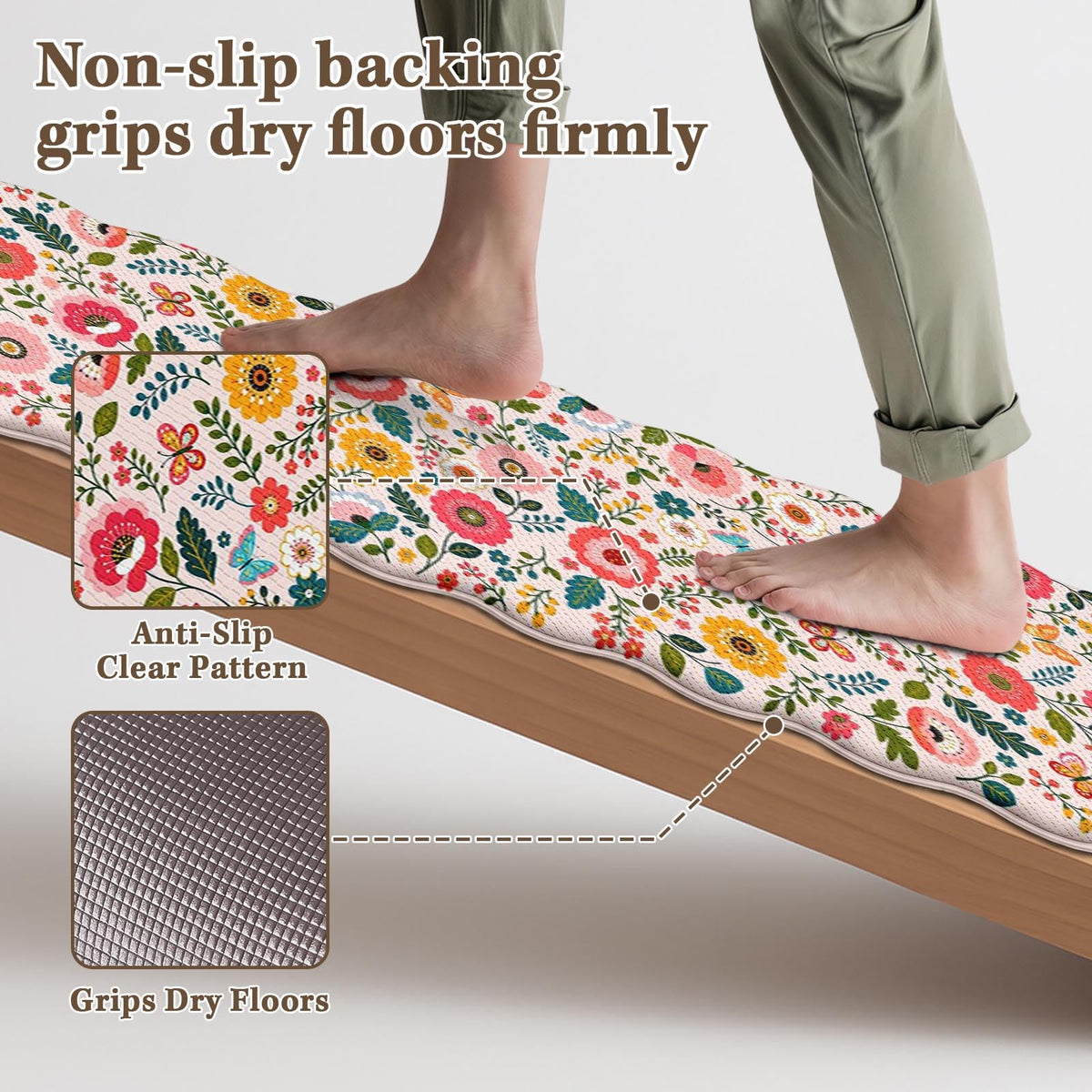 Anti Fatigue Kitchen Mats Set of 2 (Floral Butterfly / 17.3''x29.9''+17.3''x47'')